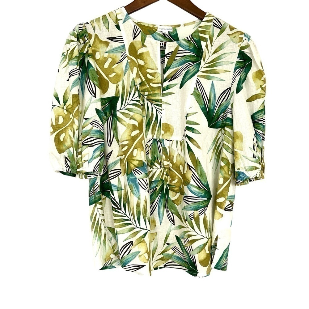 Sigrid Olsen top with v-neck & short sleeves, loose fit, tropical, linen blend